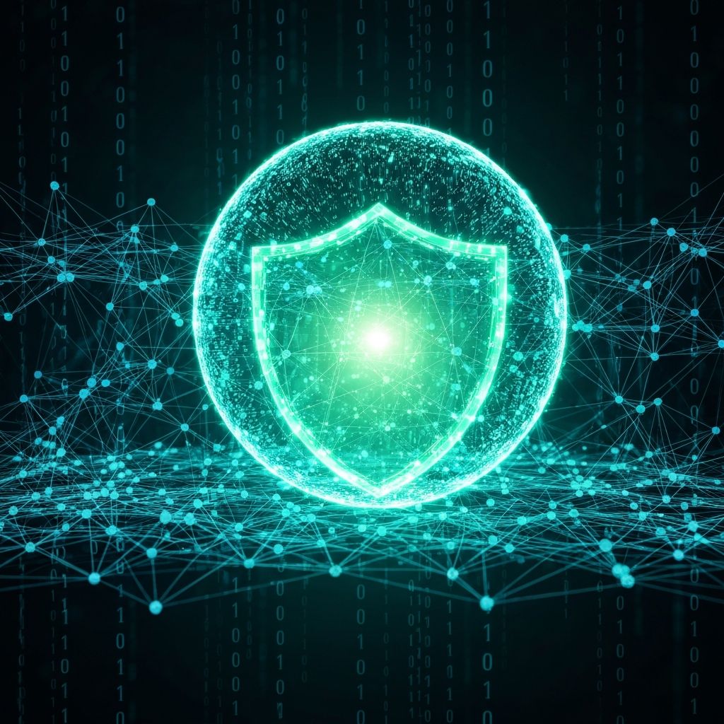 Cybersecurity visualization showing network protection and digital shield